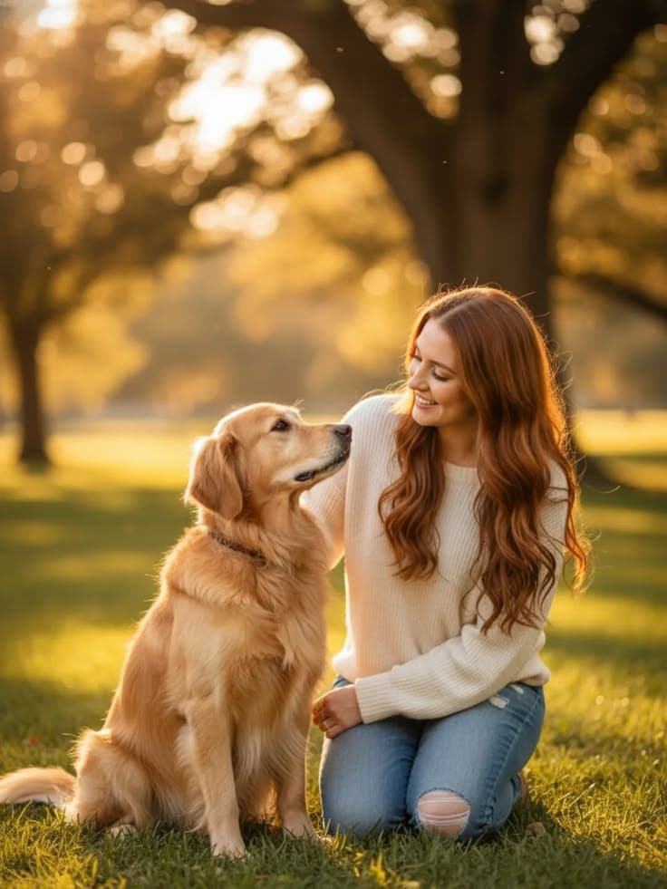 Woman and golden retriever sharing a golden-hour moment outdoors