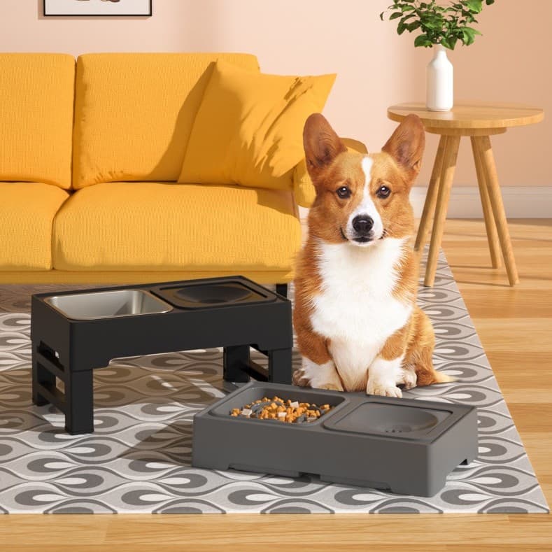 Dog Double Bowl Stainless Stand Height-Adjustable Bowl Elevated Food