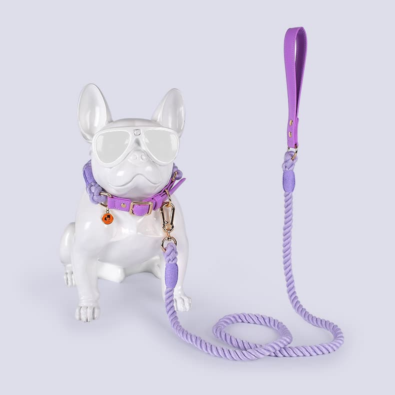 Cotton Rope Woven Leather Dog Leash Collar Set Medium Large Walking