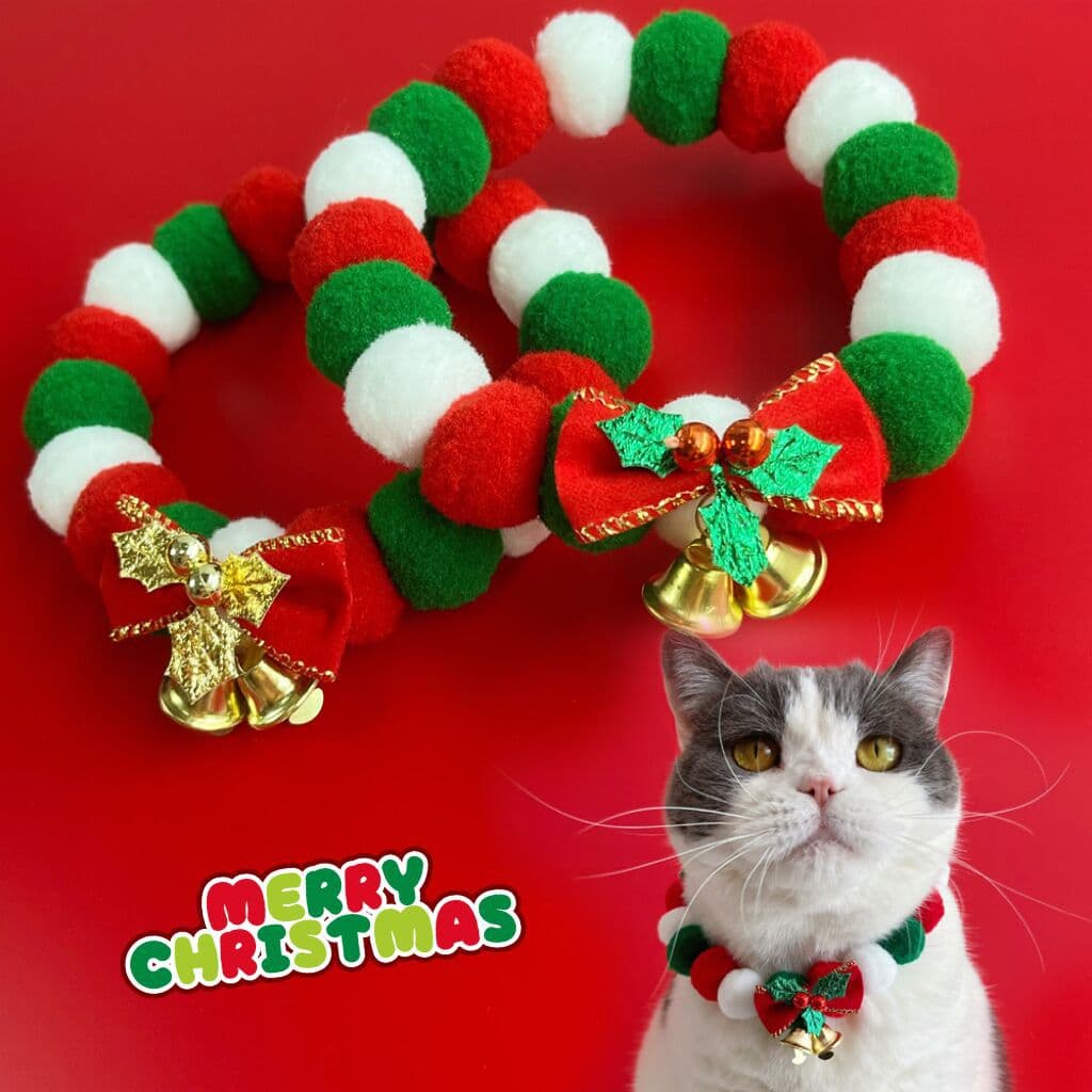 Christmas Dog Plush Ball Elastic Collar Bow